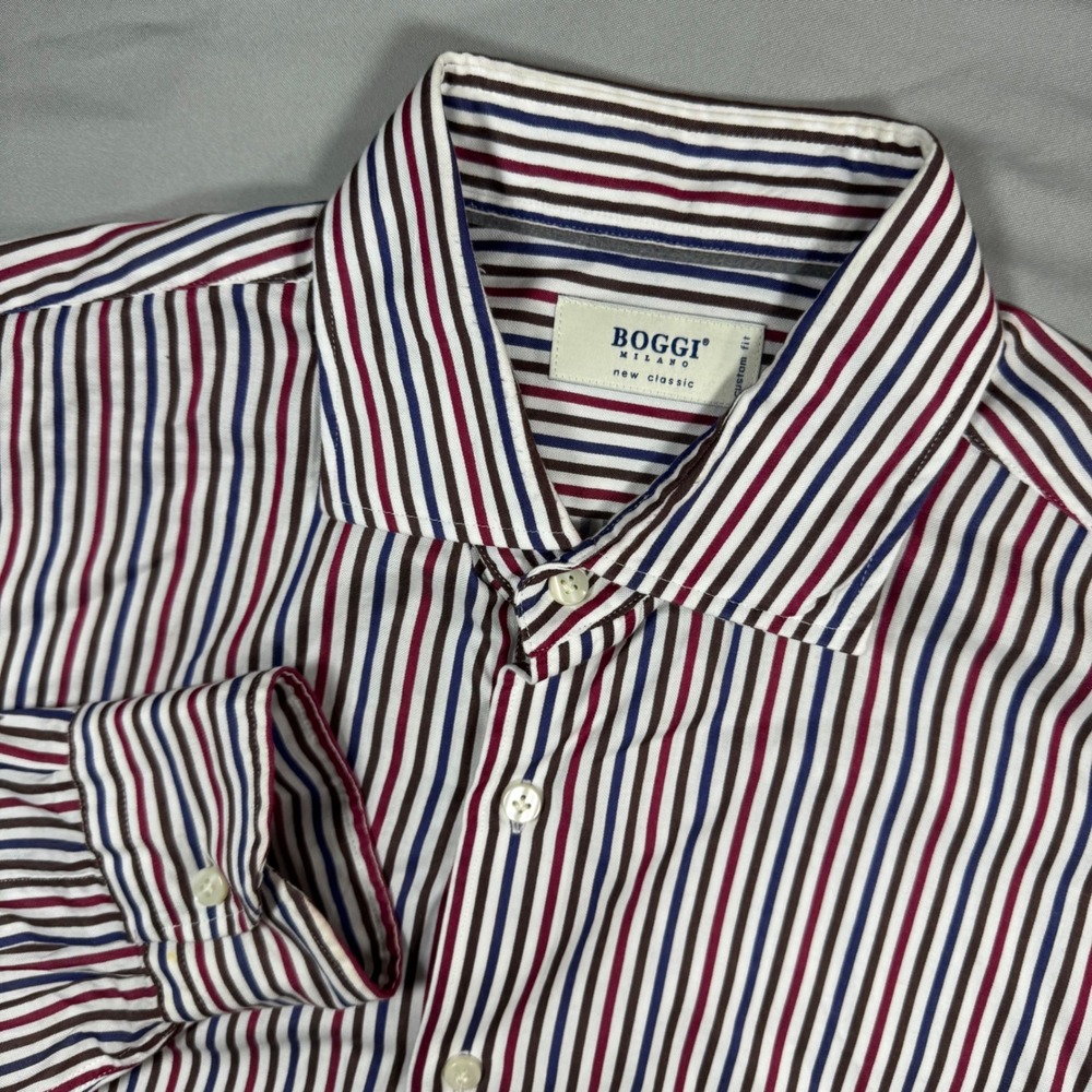 Boggi Milano New Classic Custom Fit Striped Button Down Shirt Mens XL White